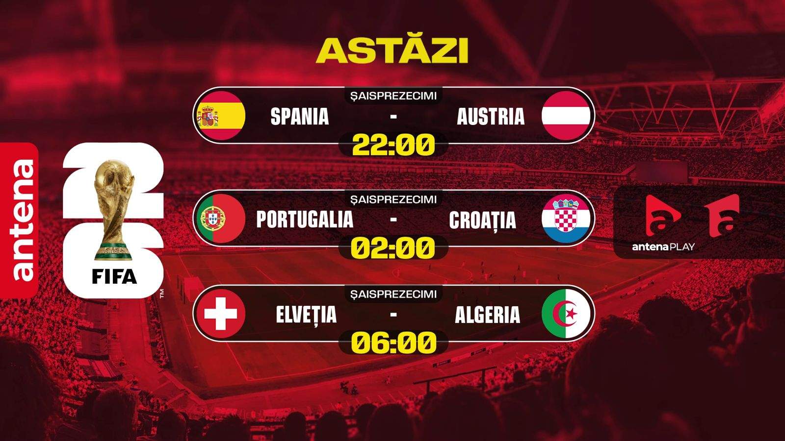 Anglia, Belgia și SUA, ȋn optimile Campionatului Mondial, ȋn cea de-a 21-a zi lider de audienţă la Antena 1