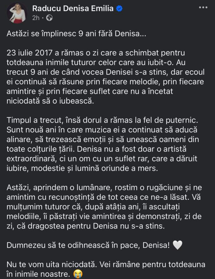 Mesajul de pe profilul Denisei Răducu