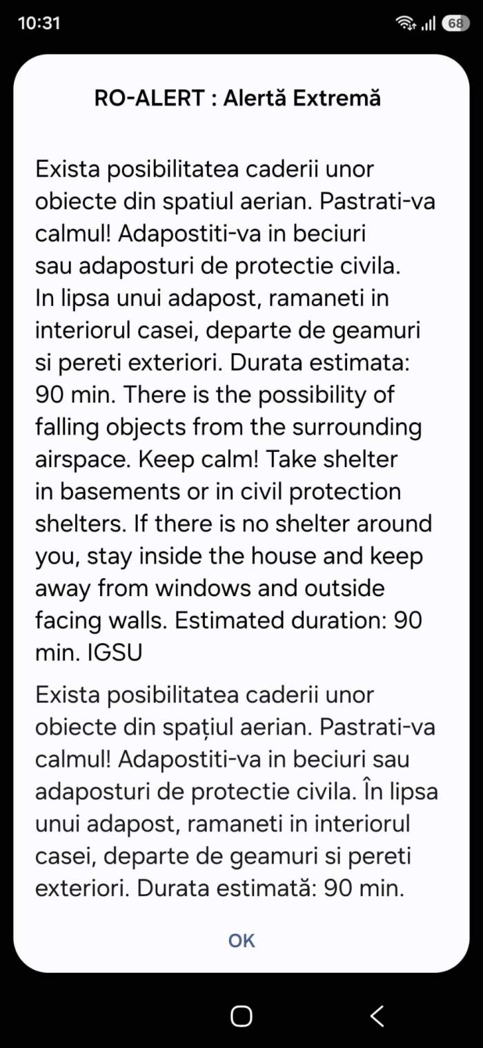 Alertă în Brăila! Locuitorii au primit RO-Alert și au fost sfătuiți să se adăpostească. Risc de cădere a unor drone