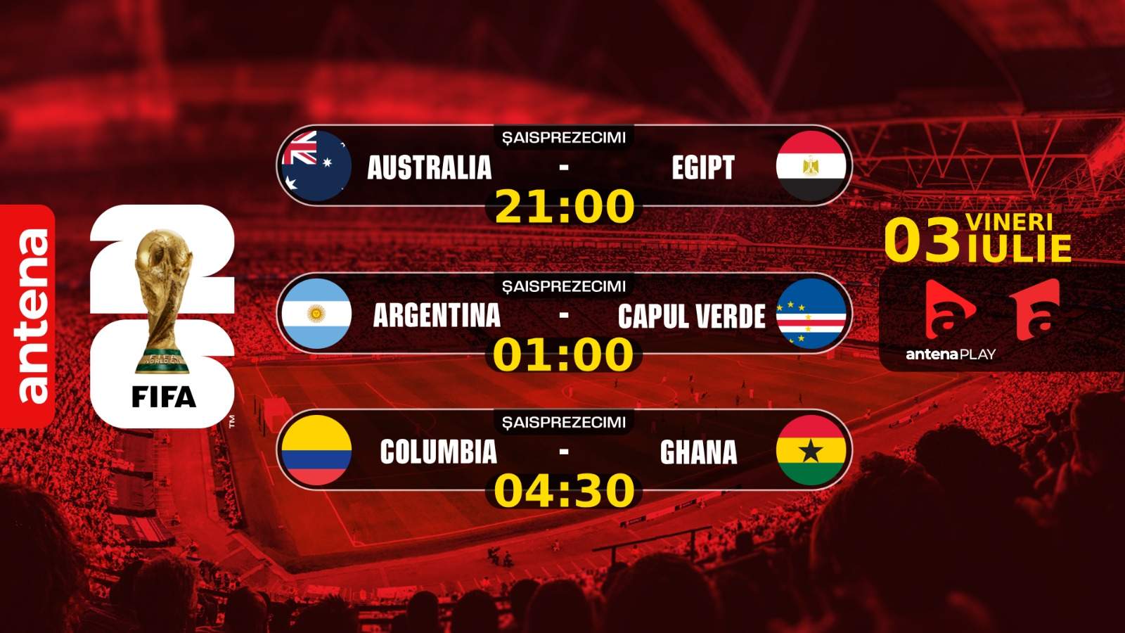 Spania, Portugalia și Elveţia, ȋn optimile Campionatului Mondial, ȋn cea de-a 22-a zi lider de audienţă la Antena 1. Austria, Croaţia și Algeria, eliminări dramatice, ȋntr-o nouă zi cu noi recorduri