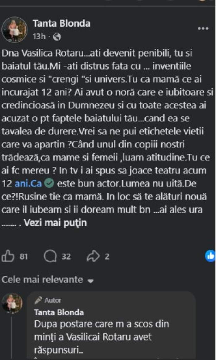 Război între mama Cristinei Petre și mama lui Andrei Rotaru. De ce a pus-o Tanța Blonda la punct pe fosta cuscră