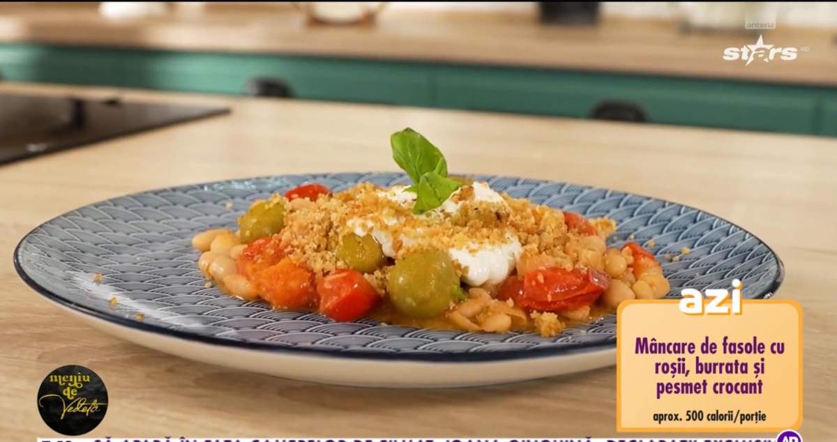 Rețeta de mâncare de fasole cu roşii, burrata şi pesmet crocant a lui chef Horia Manea de la Meniu de vedetă