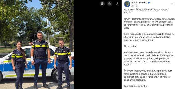 Ei sunt eroii care au intrat în flăcări pentru a salva o viață. Unul dintre polițiști a fost rănit în timpul intervenției