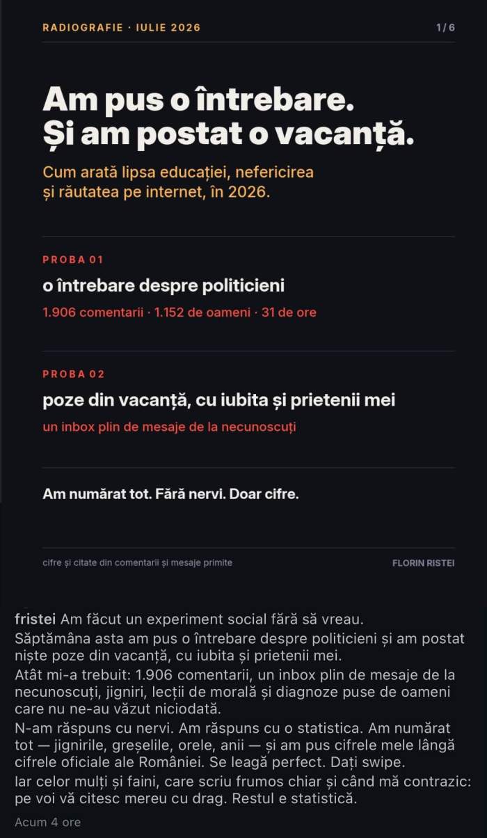 Florin Ristei, reacție după valul de critici primite online. La ce concluzie a ajuns artistul