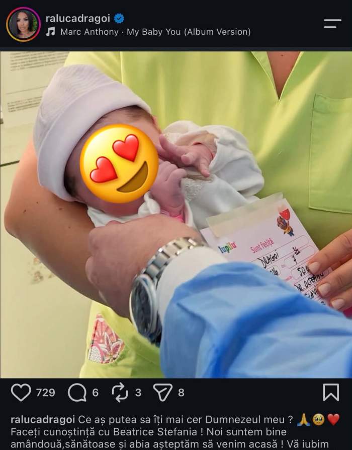 Raluca Drăgoi a născut! Primele imagini cu fetița! Artista i-a ales un nume special: „Ce aș putea să îți mai cer, Dumnezeul meu?”