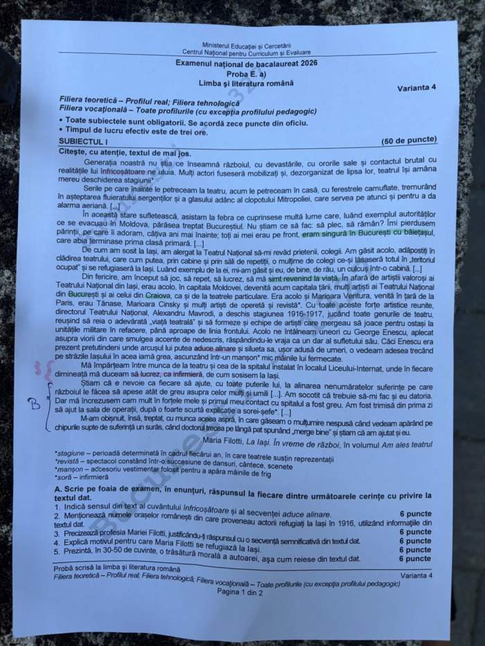 Ce subiecte au picat la sesiunea de toamnă a examenului de Bacalaureat 2026, la Limba și literatura română