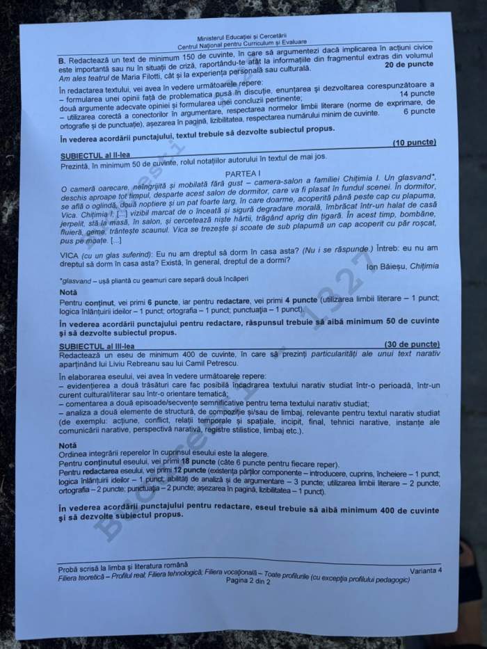 Ce subiecte au picat la sesiunea de toamnă a examenului de Bacalaureat 2026, la Limba și literatura română