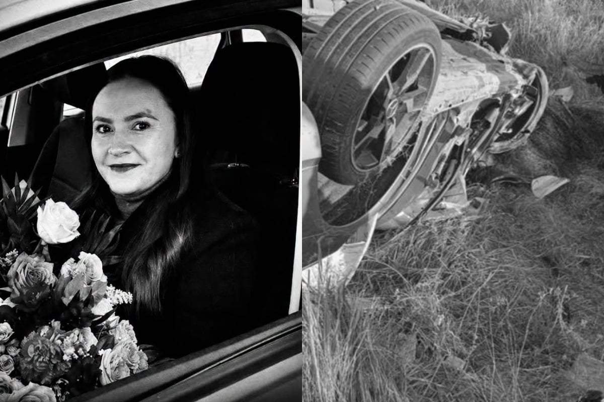 colaj din doua poze cu tanara moarta in accidentul din ramnicelu si masina distrusa