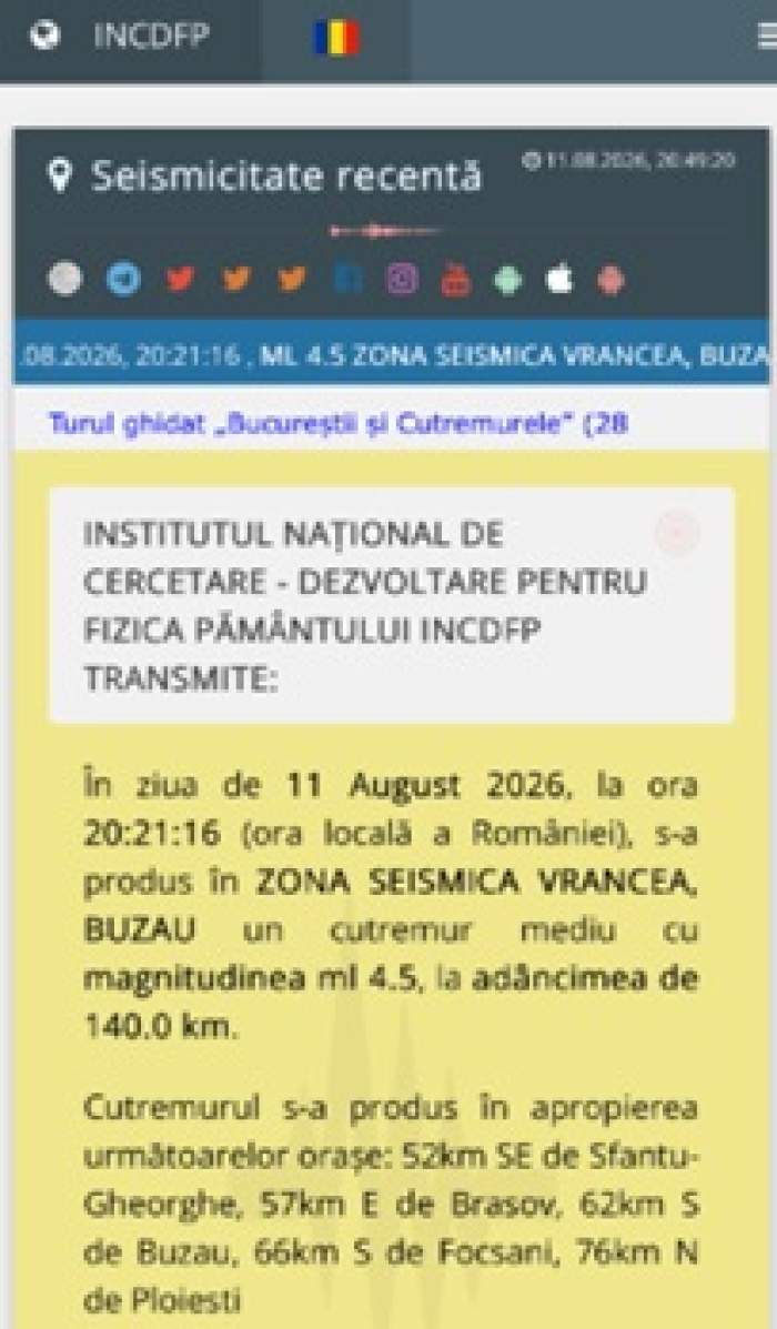 Cutremur de 4,5 grade în România! Seismul a fost resimțit și în București