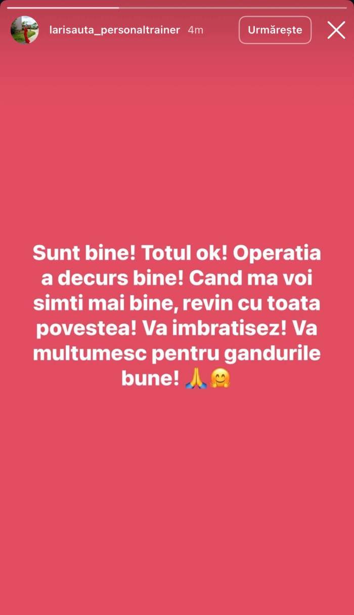 Larisa Uță a făcut primele declarații după ce a ieșit din operație. Cum se simte fosta concurentă de la Survivor