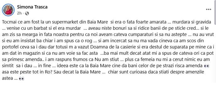 Simona Trașcă a vrut să ajute o femeie gravidă, dar i s-a spus că poate primi amendă. Ce s-a întâmplat