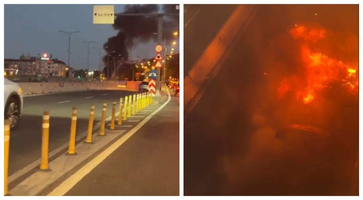 Explozie în pasajul Băneasa! O mașină a luat foc și apoi a avut loc și o explozie. Imagini în timp real