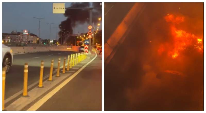 Explozie în pasajul Băneasa! O mașină a luat foc și apoi a avut loc și o explozie. Imagini în timp real