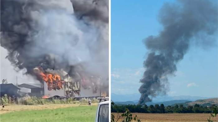 Colaj foto cu incendiul din Băicoi