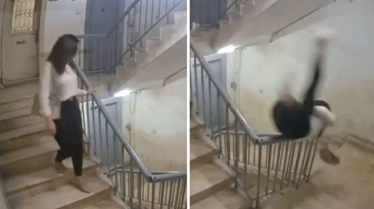 Colaj foto cu tânăra care a căzut din senin peste balustradă