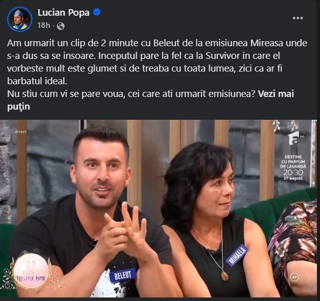Lucian Popa face declarații despre Andrei Beleuț, după ce l-a văzut la Mireasa. De ce spune că se comportă la fel ca la începutul Survivor