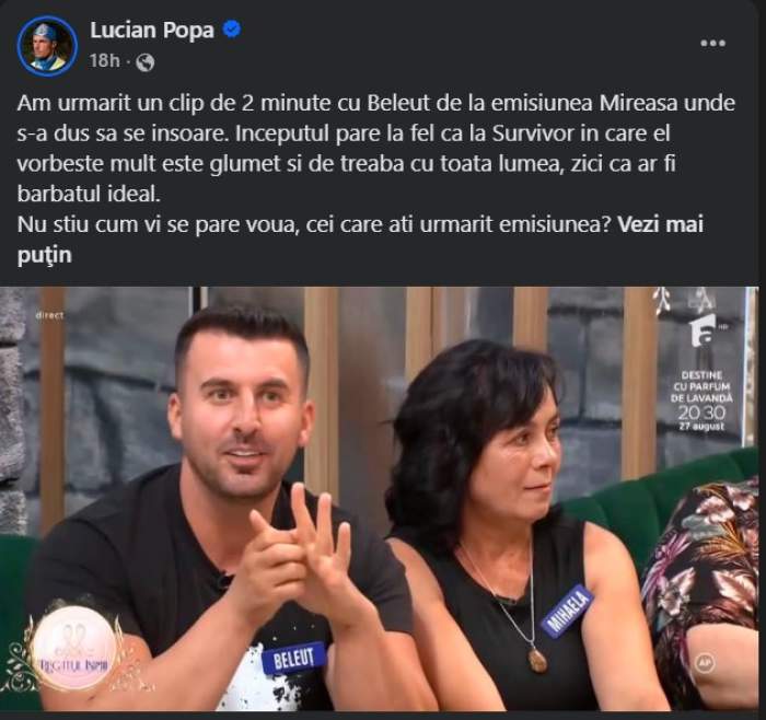 Lucian Popa face declarații despre Andrei Beleuț, după ce l-a văzut la Mireasa. De ce spune că se comportă la fel ca la începutul Survivor