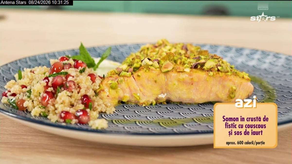 Somon în crustă de fistic cu couscous și sos de iaurt. Rețeta lui Chef Horia Manea