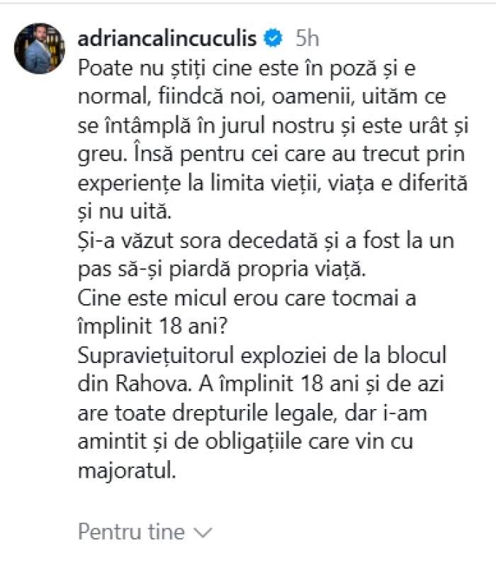 Supraviețuitorul exploziei din Rahova, care și-a văzut sora moartă, a împlinit 18 ani