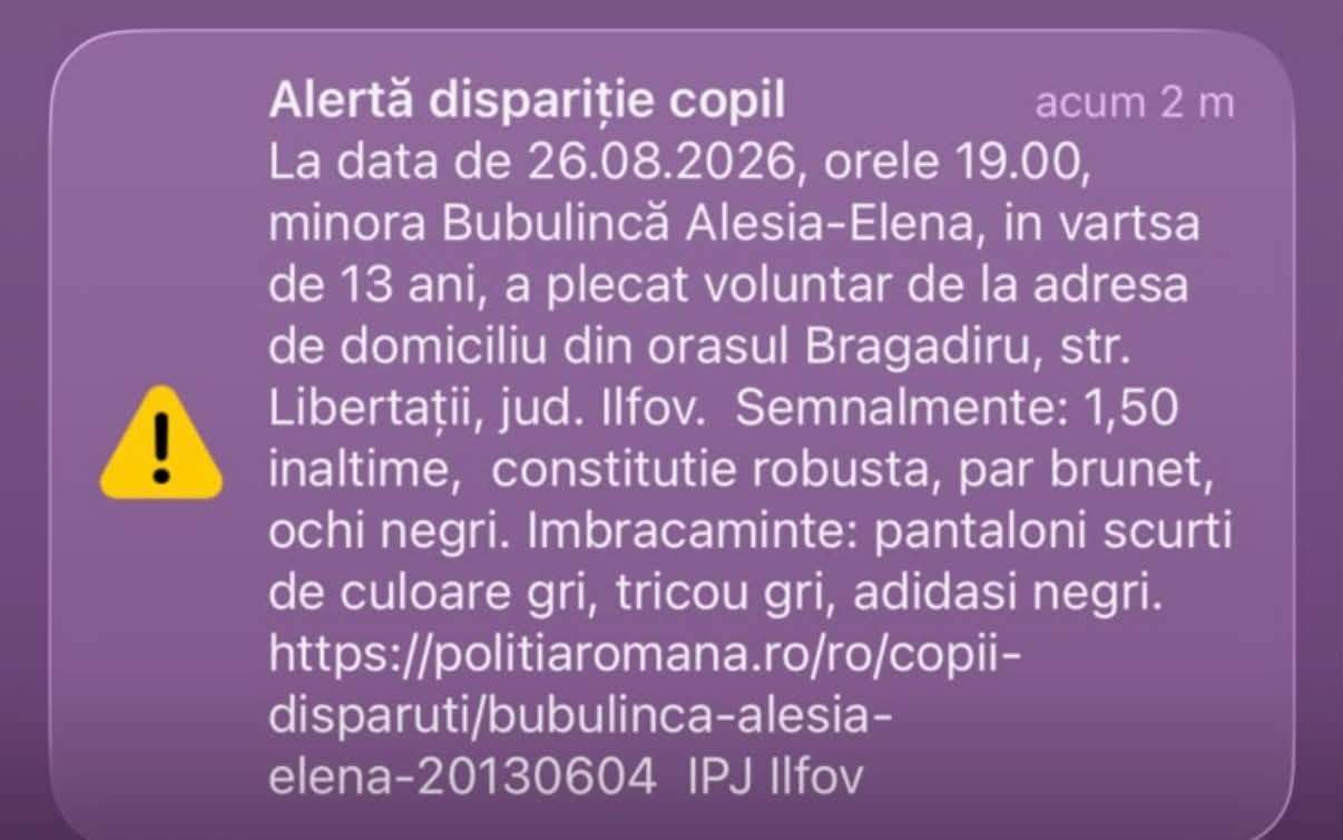 O fată de 13 ani a dispărut în Bragadiru. Poliția cere ajutorul populației