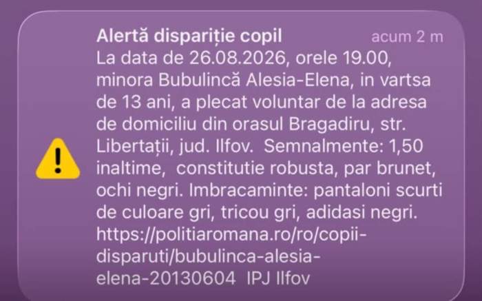 O fată de 13 ani a dispărut în Bragadiru. Poliția cere ajutorul populației
