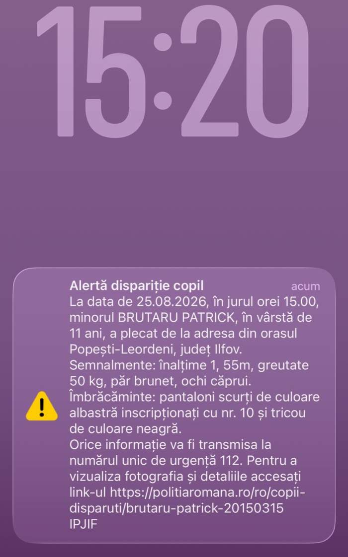 Alertă în Ilfov! Patrick Brutaru, în vârstă de 11 ani, a fost dat dispărut în Popești-Leordeni. A fost trimis mesaj RO-Alert
