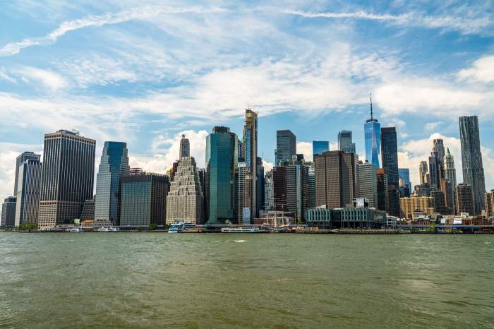 Panorama orizontului din Manhattan și Podul Brooklyn, fotografiate din parcul statal Brooklyn din New York City.