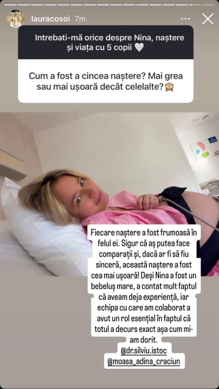 Laura Cosoi, dezvăluiri despre a cincea naștere. Actrița a povestit cum a venit pe lume micuța Nina