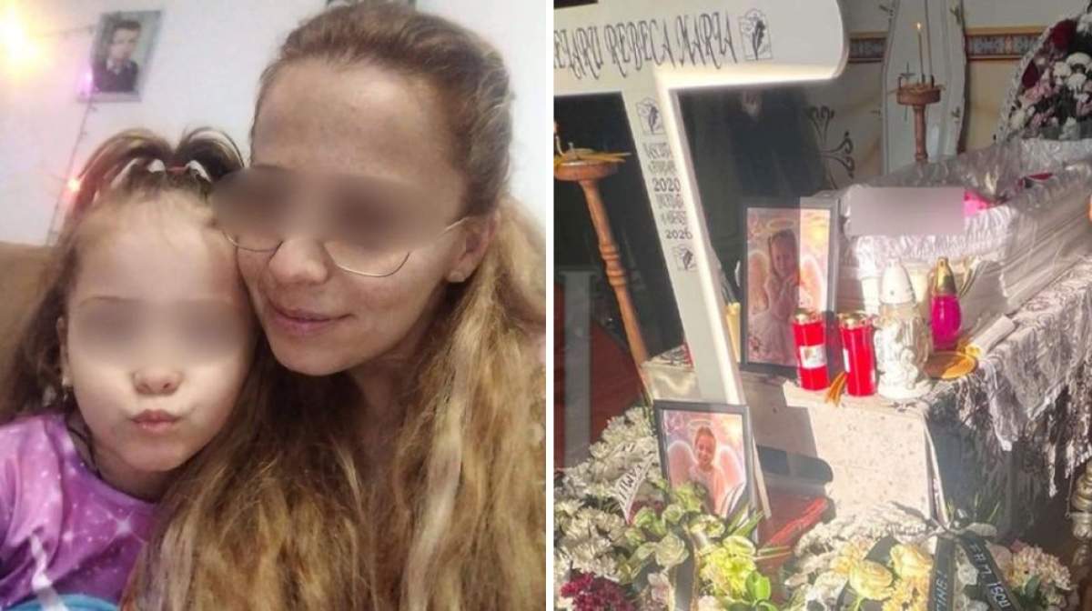 Colaj foto cu Rebeca, mama ei și sicriul micuței