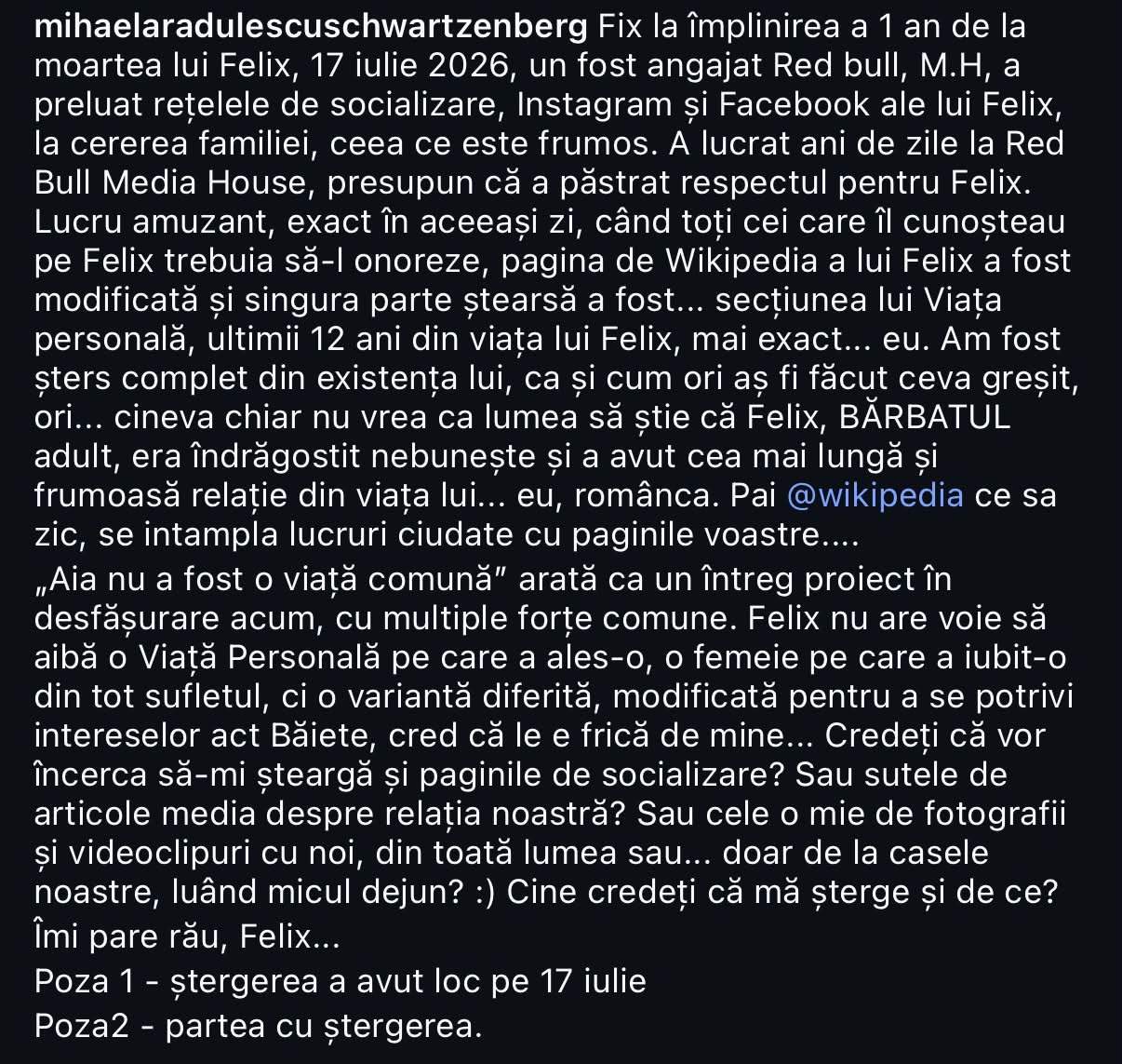 Mihaela Rădulescu susține că a fost ștearsă din viața lui Felix Baumgartner pe Wikipedia: „Fix la un an de la moartea lui”