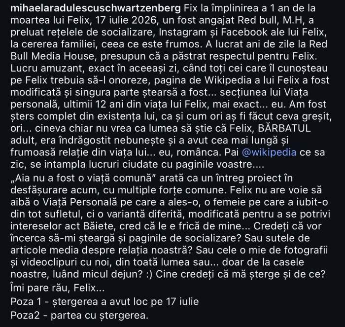 Mihaela Rădulescu susține că a fost ștearsă din viața lui Felix Baumgartner pe Wikipedia: „Fix la un an de la moartea lui”