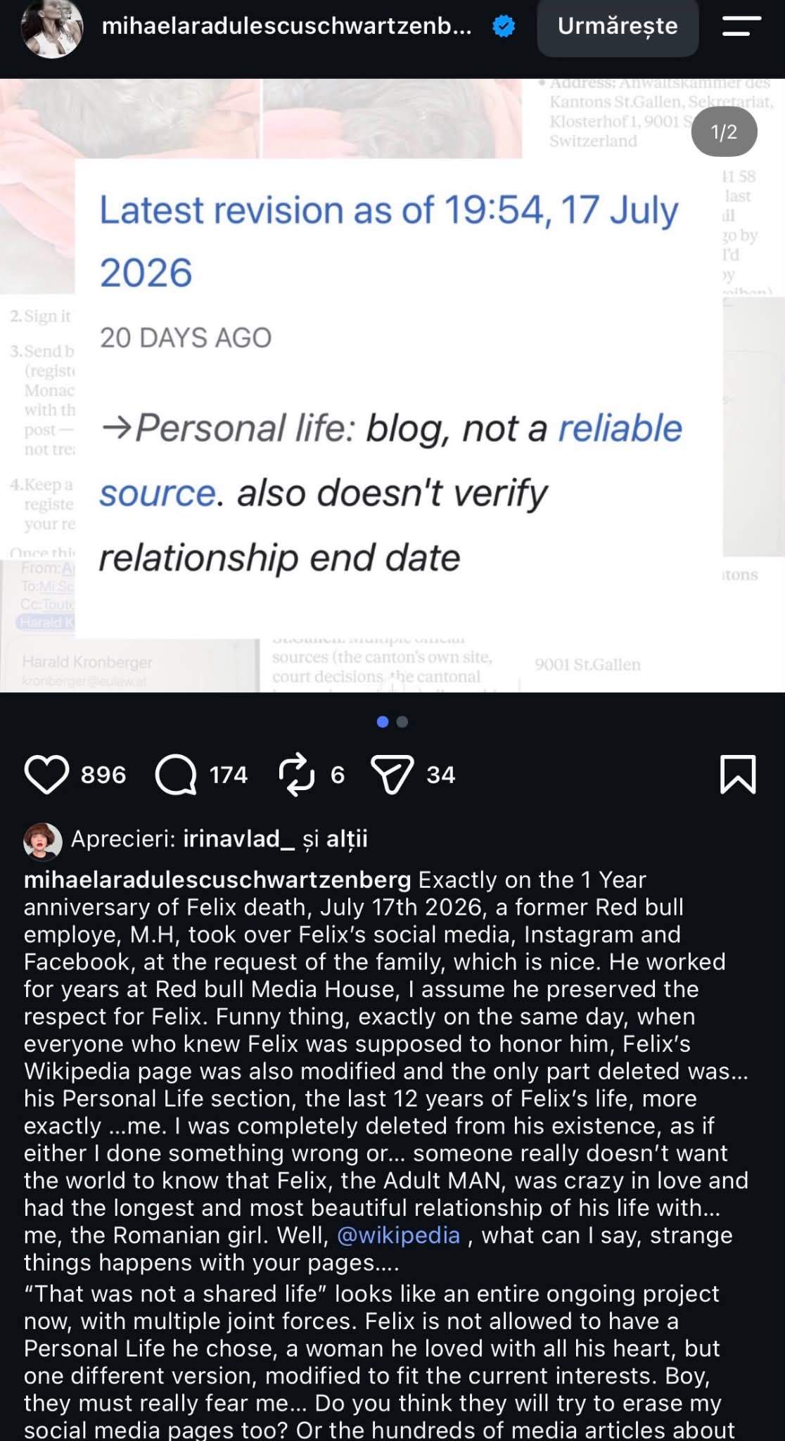 Mihaela Rădulescu susține că a fost ștearsă din viața lui Felix Baumgartner pe Wikipedia: „Fix la un an de la moartea lui”