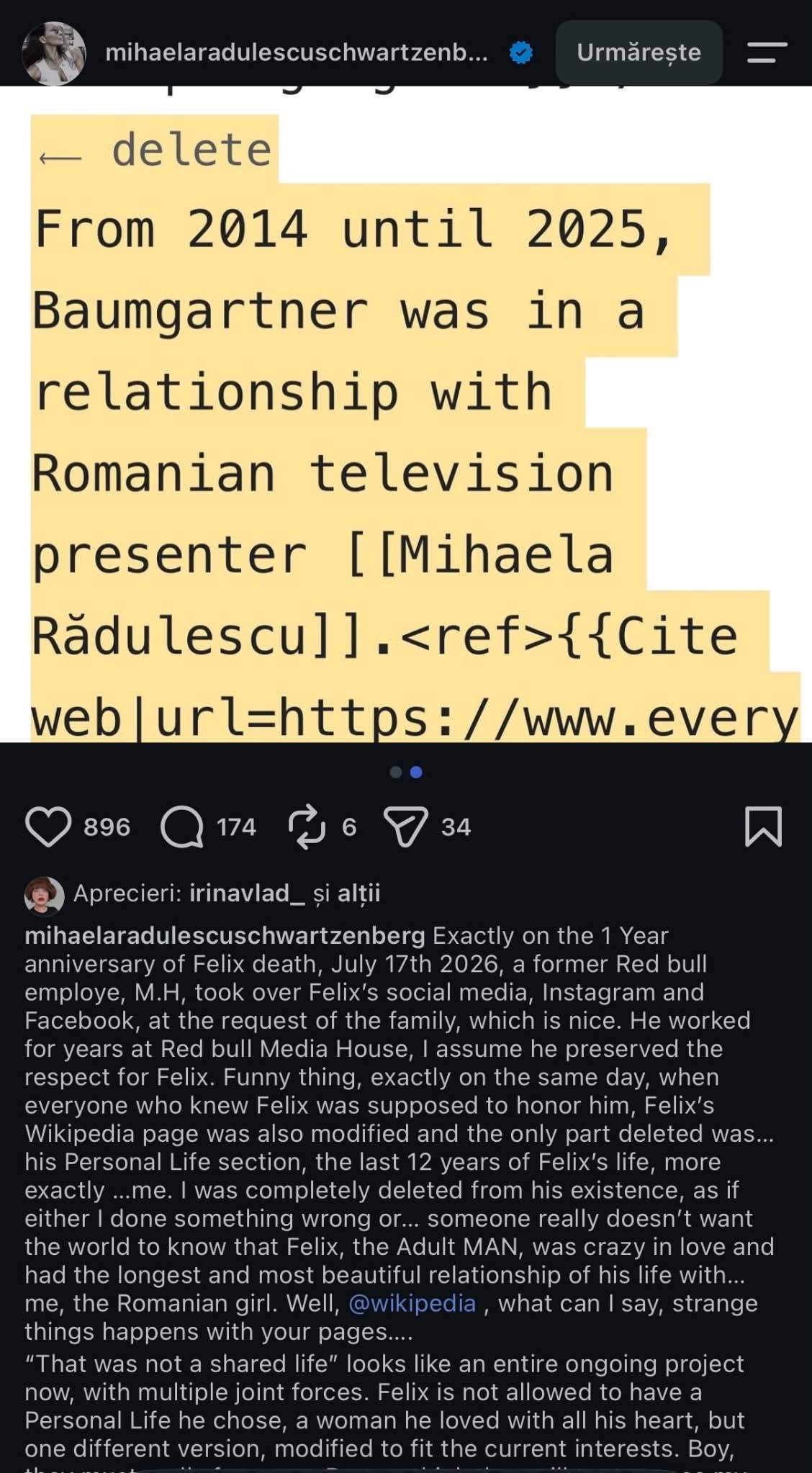 Mihaela Rădulescu susține că a fost ștearsă din viața lui Felix Baumgartner pe Wikipedia: „Fix la un an de la moartea lui”