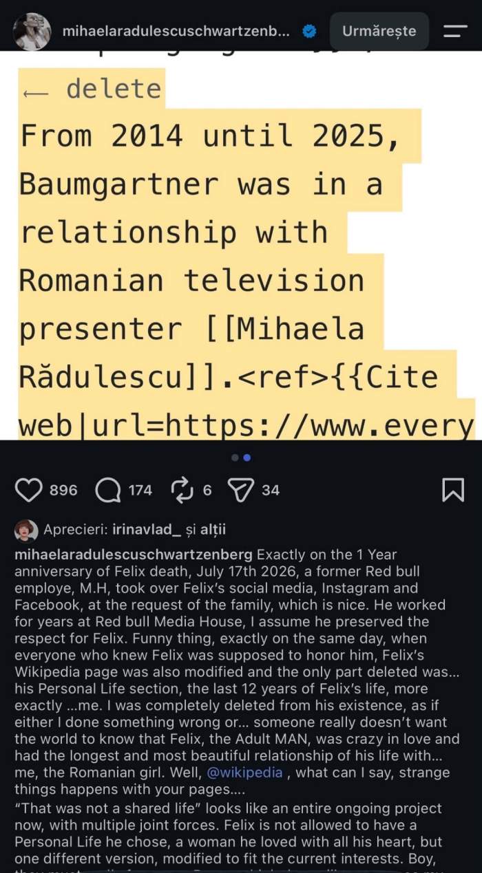Mihaela Rădulescu susține că a fost ștearsă din viața lui Felix Baumgartner pe Wikipedia: „Fix la un an de la moartea lui”