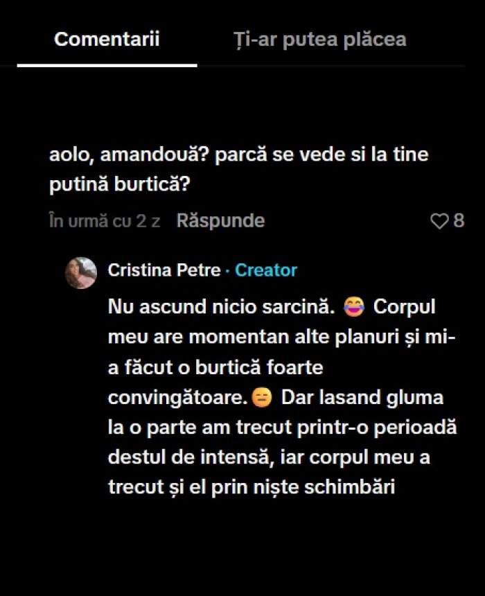 Cristina Petre de la Insula a vorbit pe șleau despre sarcină. A reacționat după zvonurile potrivit cărora ar avea burtică de gravidă