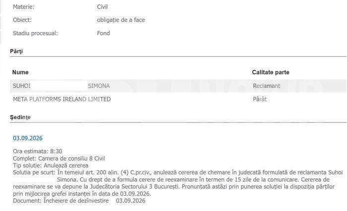 Fostă asistentă TV din România, la tribunal cu Meta. Ce a decis instanța după ce i-au fost blocate conturile
