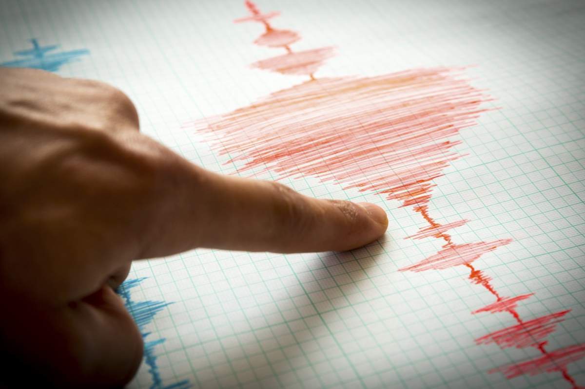 Dispozitiv seismologic pentru măsurarea cutremurelor. Linii ale activității seismice pe hârtia de înregistrare. Undă seismică pe hârtie grafică. Imagine de tip vignetă. Deget uman indicând un detaliu.