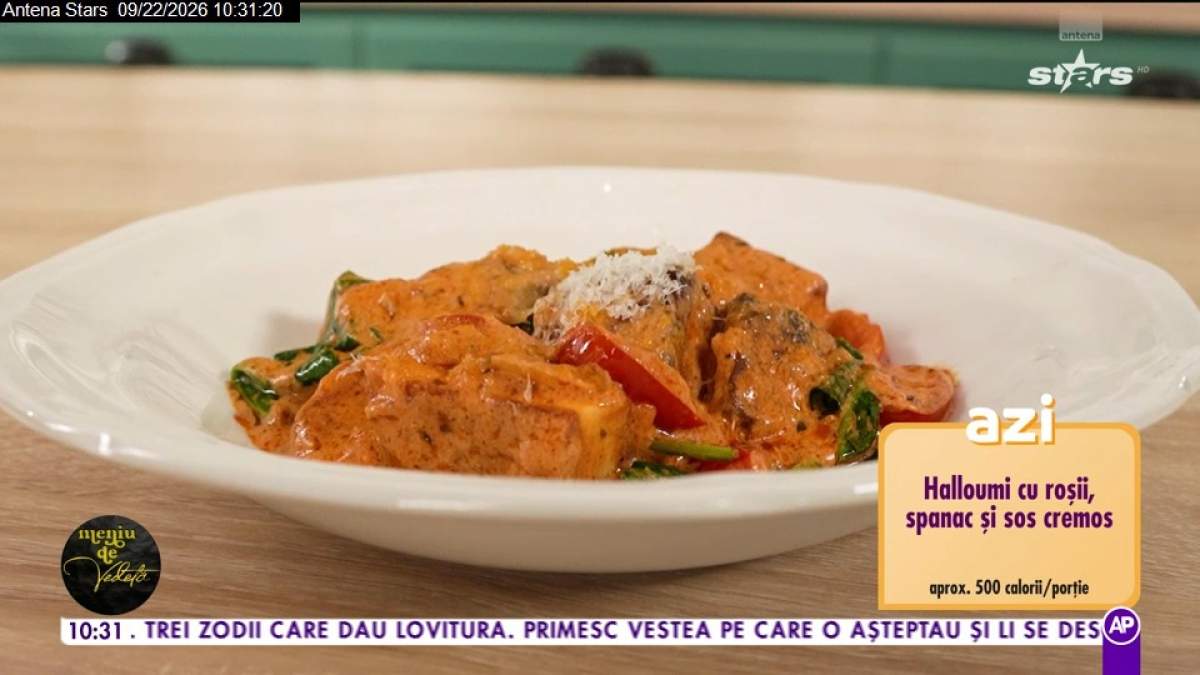 Rețetă de halloumi cu roşii, spanac şi sos cremos pregătit de chef Horia Manea