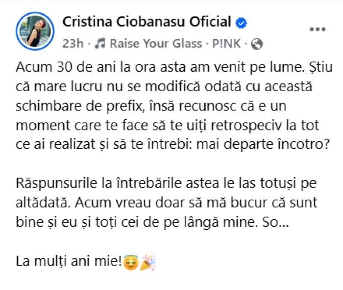 Cristina Ciobănașu a împlinit 30 de ani. Mesajul sincer al actriței: „Mai departe încotro?”