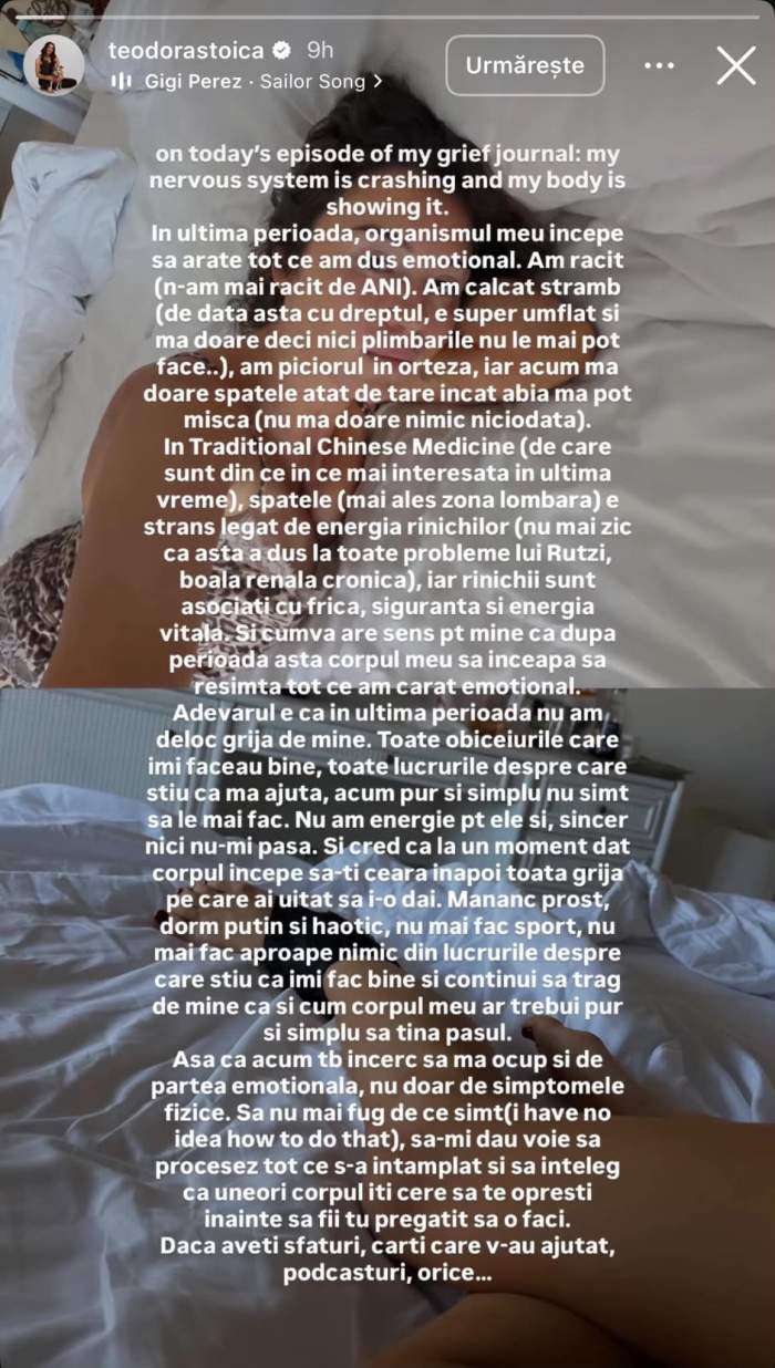 Teodora Stoica a vorbit despre perioada grea prin care trece: „Corpul meu începe să arate tot ce am dus emoțional”