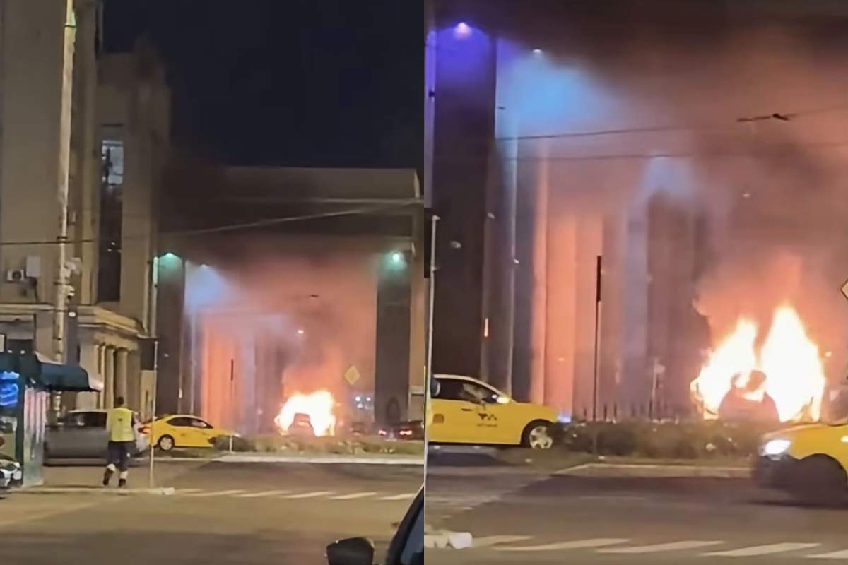 Mașină cuprinsă de flăcări în fața Gării de Nord din București
