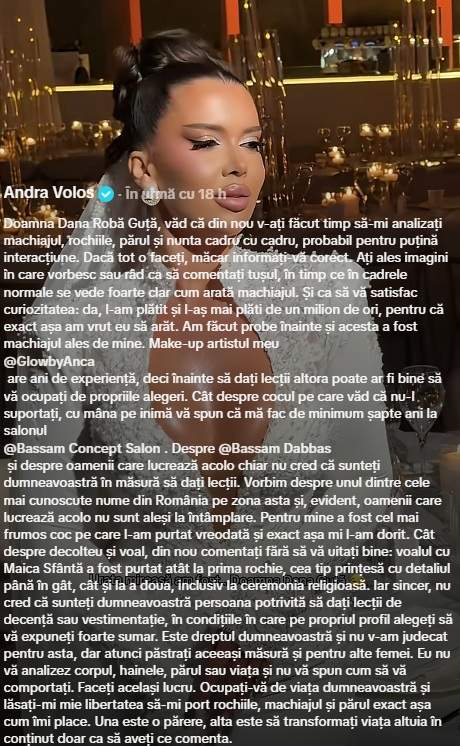 Andra Volos a răbufnit după criticile Danei Roba. A pus-o la punct pentru comentariile despre machiaj și ținutele de la nuntă