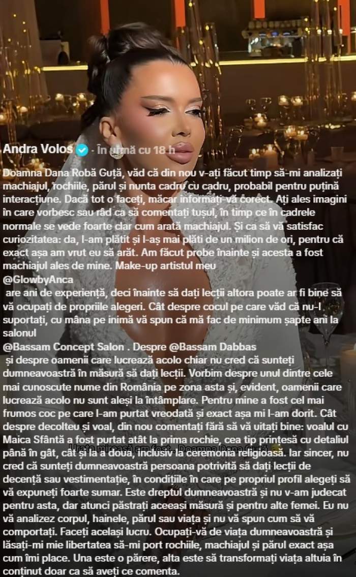 Andra Volos a răbufnit după criticile Danei Roba. A pus-o la punct pentru comentariile despre machiaj și ținutele de la nuntă