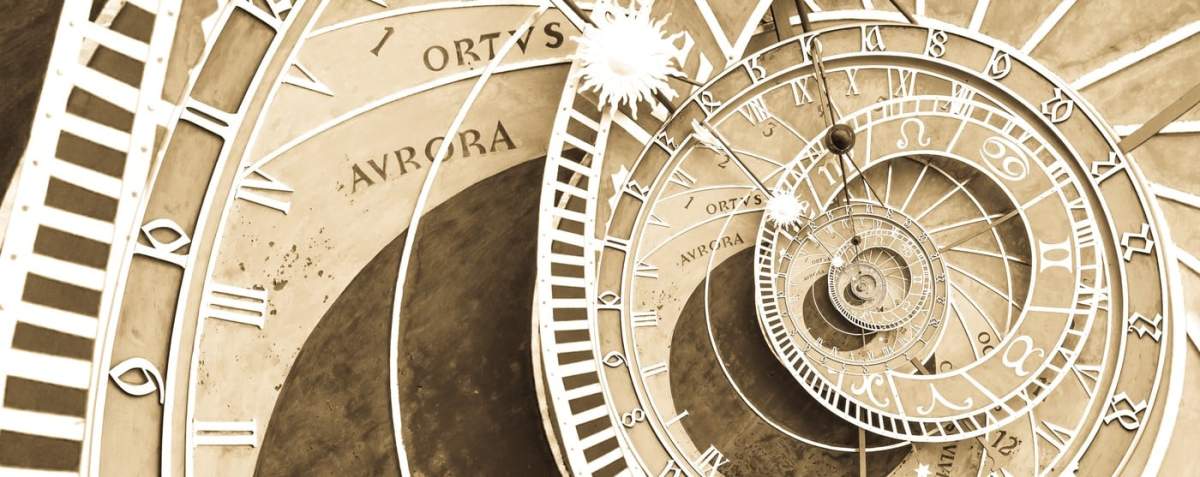 Fundal cu efectul Droste, inspirat de ceasul astronomic din Praga. Design abstract pentru concepte legate de astrologie, fantezie, timp și magie.