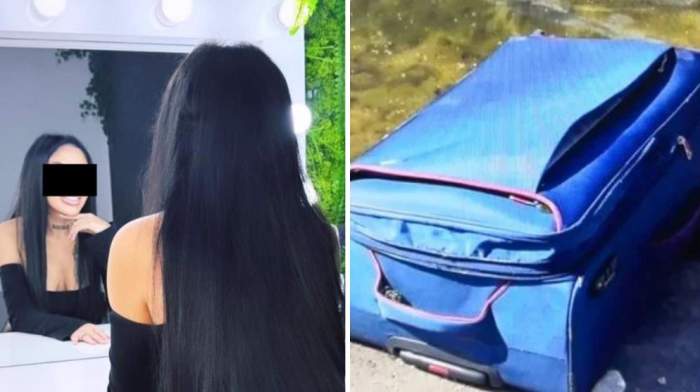 Colaj foto cu Valentina și valiza în care a fost băgată