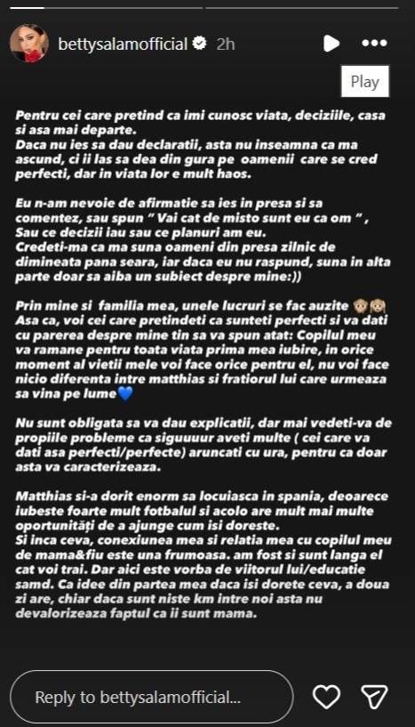 Reacția lui Betty Salam după ce a fost acuzată că și-a făcut altă familie cu Roberto Tudor: ”Nu voi face diferențe între Matthias și frățior”