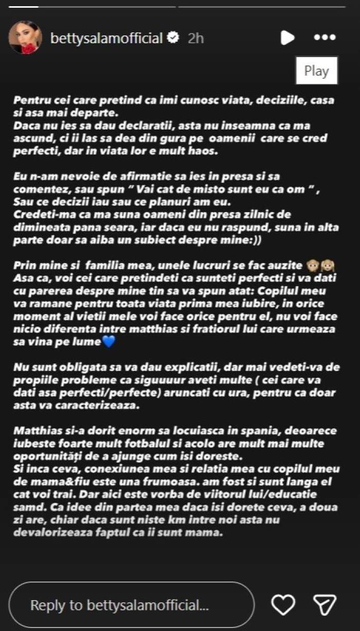 Reacția lui Betty Salam după ce a fost acuzată că și-a făcut altă familie cu Roberto Tudor: ”Nu voi face diferențe între Matthias și frățior”
