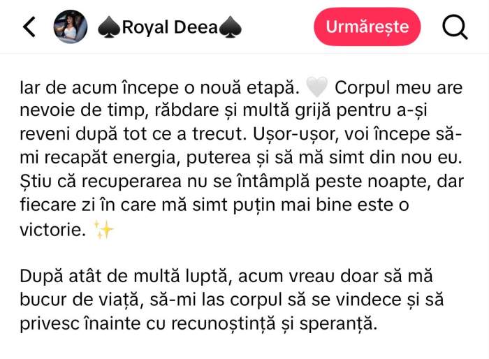 Tiktokerița Royal Deea a învins o boală gravă. Mesajul emoționant transmis după ce s-a vindecat: „Am plâns”